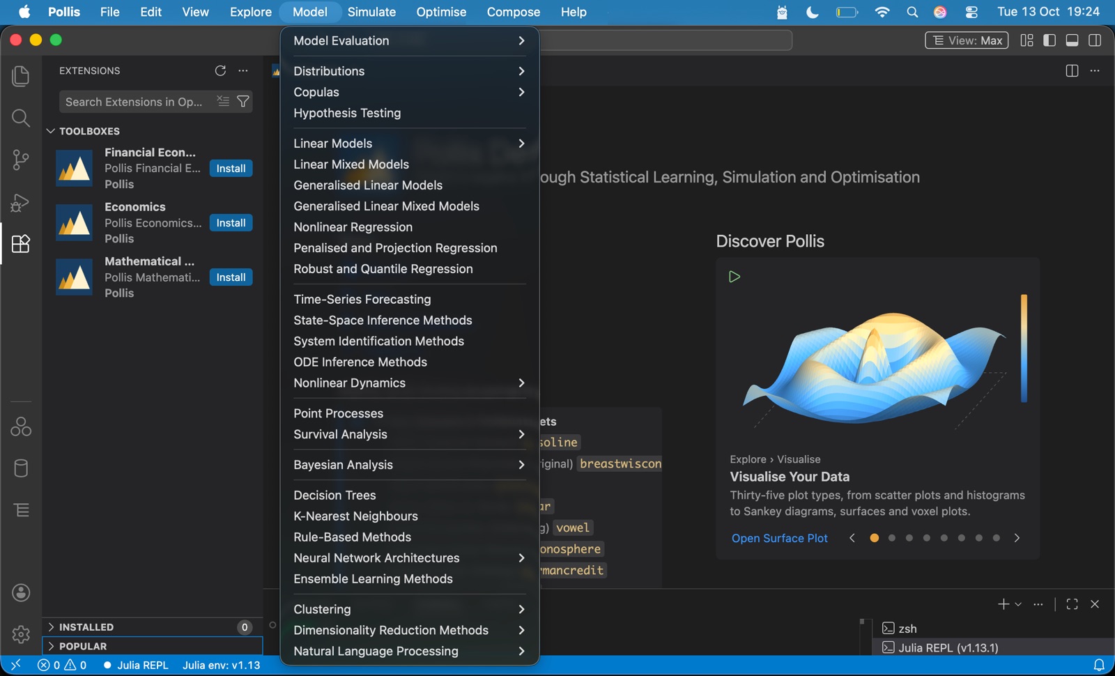 Pollis with the Model menu open, listing distributions, regression, time series, survival analysis, Bayesian analysis and machine learning methods, and the three Pollis Toolboxes in the Extensions view